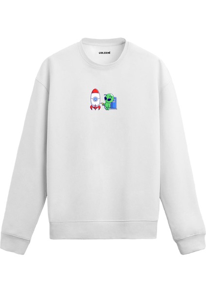 Uzaylı ve Roket Tasarım Baskılı Unisex Sweatshirt
