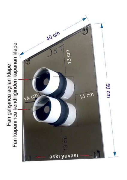 Menfez Aspiratör 40X50 cm 304 Paslanmaz Panel 200 M3/h Geri tepme Klapeli çift motorlu modelleri