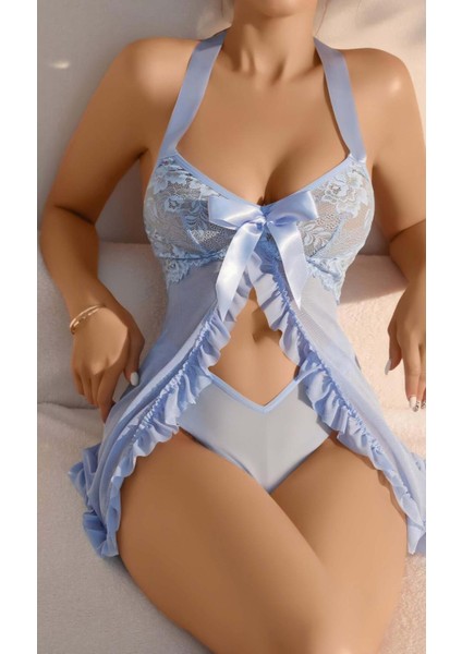 Kadın Bbmavisi Fantezi Gecelik Tül Göğüs Bfiyonk Detaylı Dekolteli Önden Fırfırlı 2116