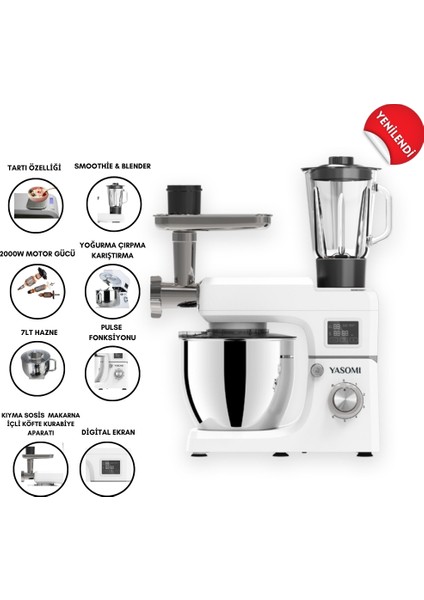 Sm 1511BML LED Ekran Tartı Özellikli Kıyma Çekme Aparatlı Blender 7 Litre Stand Mikser Mutfak Şefi
