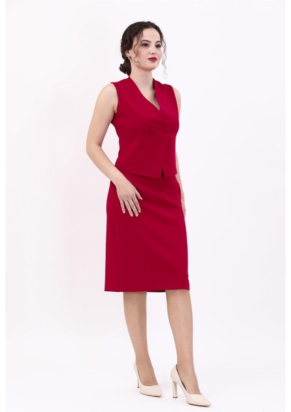 Kruvaze Çapraz Yelek & Düz Dar Etek-Kırmızı fiyatları