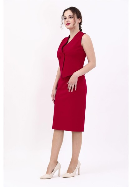 Kruvaze Çapraz Yelek & Düz Dar Etek-Kırmızı indirimleri