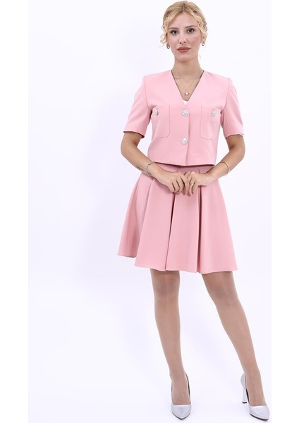 V Yaka Kısa Ceket & Kısa Kloş Etek-Pudra