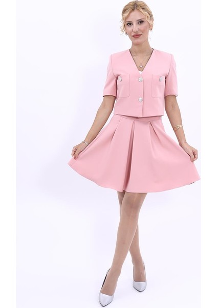 V Yaka Kısa Ceket & Kısa Kloş Etek-Pudra fiyatları
