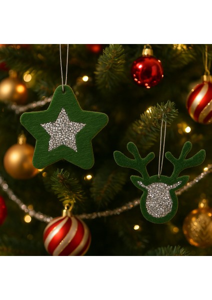 12’li Taşlı Keçe Yılbaşı Ağacı Süsü Seti – 4 Renk Seçenekli (Çift Taraflı) modelleri