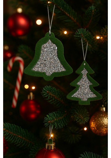 12’li Taşlı Keçe Yılbaşı Ağacı Süsü Seti – 4 Renk Seçenekli (Çift Taraflı)