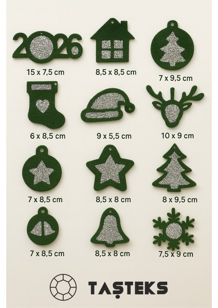 12’li Taşlı Keçe Yılbaşı Ağacı Süsü Seti – 4 Renk Seçenekli (Çift Taraflı)