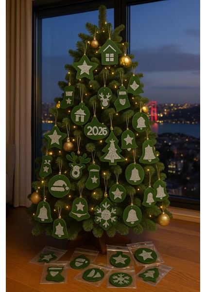 12’li Taşlı Keçe Yılbaşı Ağacı Süsü Seti – 4 Renk Seçenekli (Çift Taraflı)