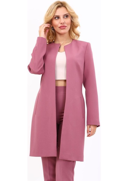 Sıfır Yaka Düz Uzun Ceket-Rose