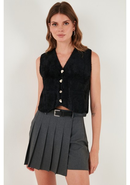 Regular Fit V Yaka Yumuşak Dokulu Düğmeli Yelek Bayan Yelek 4615241 indirimleri