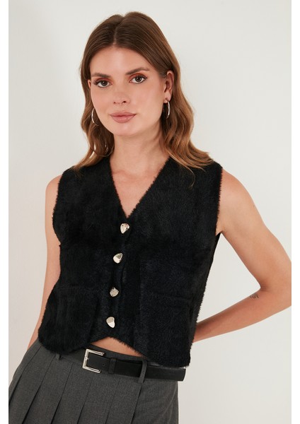 Regular Fit V Yaka Yumuşak Dokulu Düğmeli Yelek Bayan Yelek 4615241