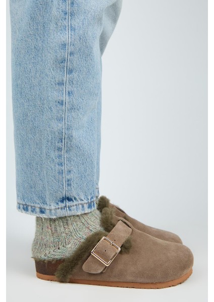 Zeta Kürklü Kadın Hakiki Deri Kürklü Hakiki Deri Kemerli Oksit Tokalı Vizon- Haki Terlik