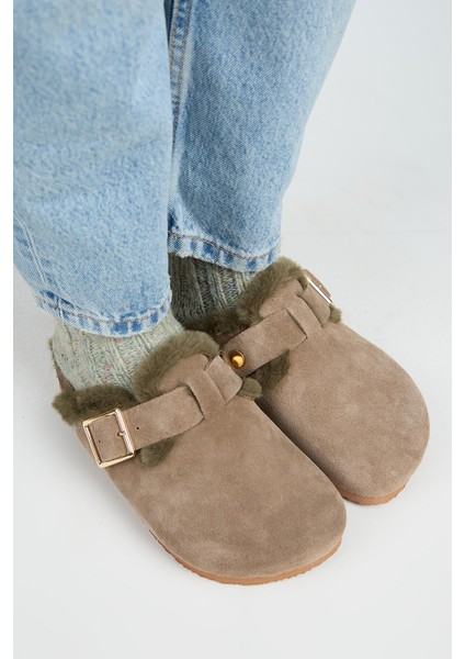 Zeta Kürklü Kadın Hakiki Deri Kürklü Hakiki Deri Kemerli Oksit Tokalı Vizon- Haki Terlik fiyatları