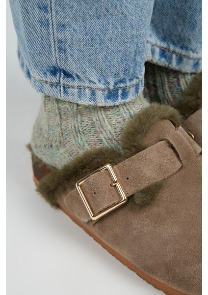 Zeta Kürklü Kadın Hakiki Deri Kürklü Hakiki Deri Kemerli Oksit Tokalı Vizon- Haki Terlik modelleri