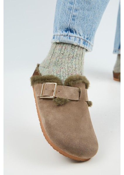 Zeta Kürklü Kadın Hakiki Deri Kürklü Hakiki Deri Kemerli Oksit Tokalı Vizon- Haki Terlik fırsatları