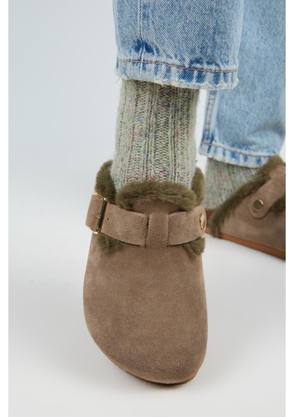 Zeta Kürklü Kadın Hakiki Deri Kürklü Hakiki Deri Kemerli Oksit Tokalı Vizon- Haki Terlik indirimleri