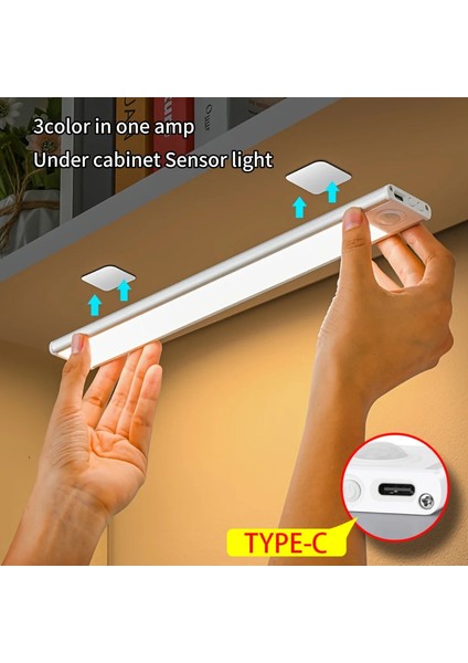 LED Hareket Sensörü Işık Gece Işık Kablosuz USB Dolap Altında Mutfak Dolabı Yatak Odası Dolap Sensörü Iç Mekan Işık Renk: Gümüş 20 Cm/renk: 3 Rolor Bir Lambada (Yurt Dışından)
