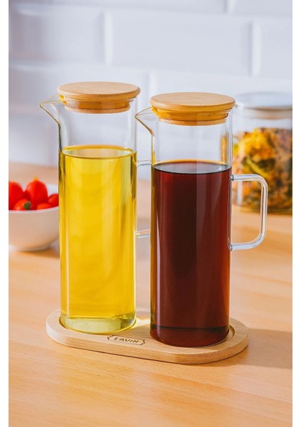 Bambu Altlıklı 2 Li Cam Yağlık Yağdanlık Sirkelik 400ML-400ML