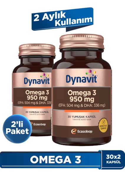 Omega 3 950 mg 30 Yumuşak Kapsül - 2'li Avantajlı Paket - Yüksek EPA ve DHA