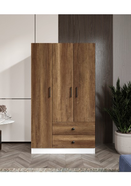 %100 Mdf 3 Kapaklı 2 Çekmeceli 7 Raflı Gardırop – Elbise Dolabı 182X105X52 cm Ceviz-Soft Beyaz