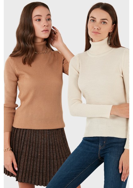 Fitilli Regular Fit Balıkçı Yaka Soft Akrilik 2'li Paket Kazak Bayan Kazak 4614102S2