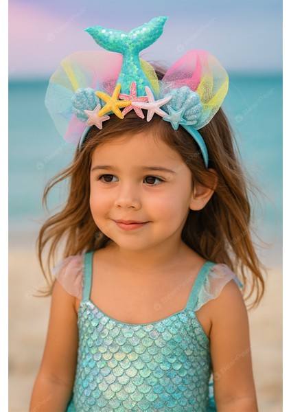 Mermaid Konseptli Deniz Kızı Kız Çocuk Taç Kutlama Parti Tacı Mavi