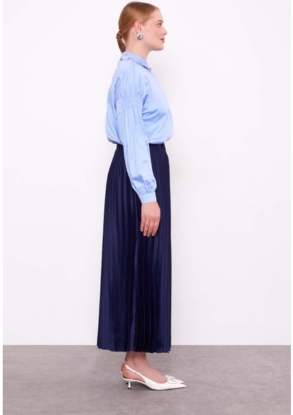 Lacivert Piliseli Saten Etek modelleri