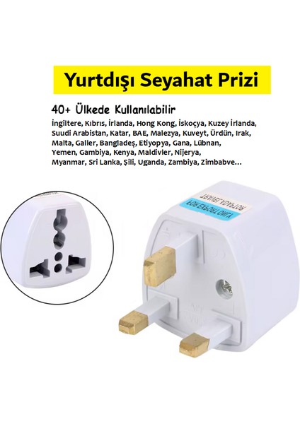 Hac Umre 40+Ülke Universal Yurtdışı Seyahat Prizi Adaptör Fiş 3 Pinli Topraklı G Tipi