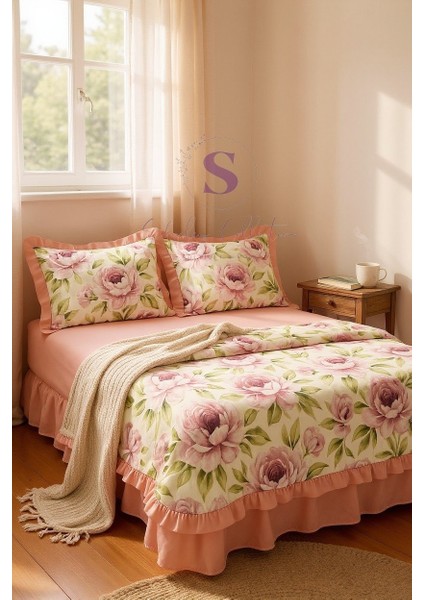 Romantik % 100 Pamuk Fırfır Iplik Boyalı Çift Kişilik Nevresim Takımı,modern Çizgili Nevresım Seti