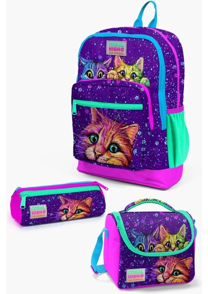 Kids 23732 Mor Pembe Kedi Desenli 3’lü Okul Çanta Seti