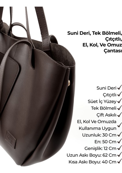 Kahve Rengi Shk262 Suni Deri Çıtçıtlı Büyük Boy Tek Bölmeli Cüzdanlı El, Kol Ve Omuz Çantası