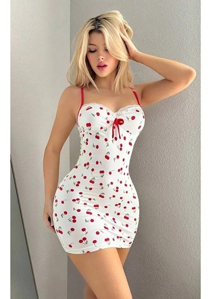 Kadın Beyaz Kiraz Desenli Askılı Bağlamalı Dantel Detaylı Elbise 5073 modelleri