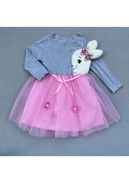 5-6-7 Yaş Pelüş Tavşan Desenli Kurdela Kuşaklı Astarlı Kız Çocuk Tütü Elbise