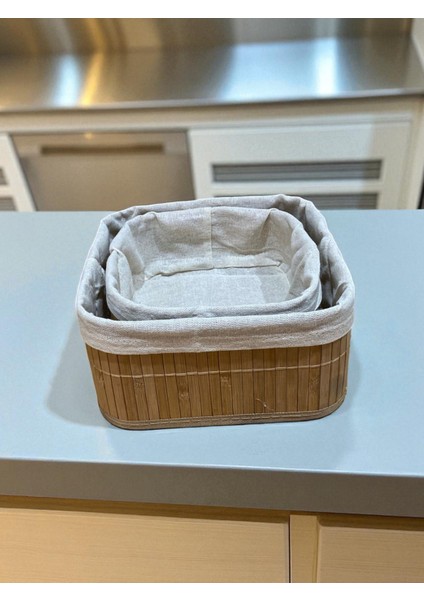 2’li Bambu Kumaş Kaplı Sepet Seti – Doğal Ahşap Görünümlü Düzenleme Sepeti, Dekoratif Şık
