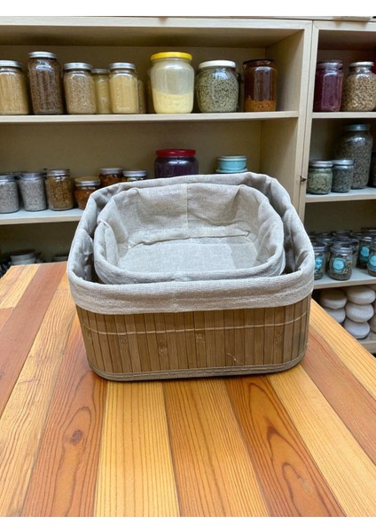 2’li Bambu Kumaş Kaplı Sepet Seti – Doğal Ahşap Görünümlü Düzenleme Sepeti, Dekoratif Şık modelleri