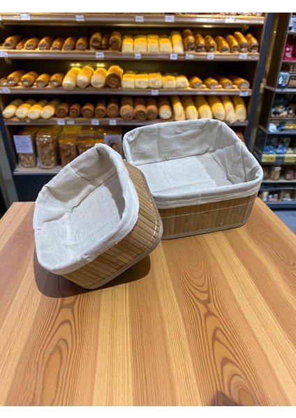 2’li Bambu Kumaş Kaplı Sepet Seti – Doğal Ahşap Görünümlü Düzenleme Sepeti, Dekoratif Şık