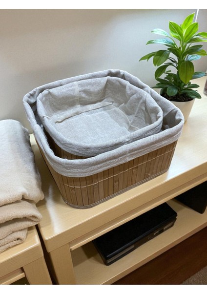 2’li Bambu Kumaş Kaplı Sepet Seti – Doğal Ahşap Görünümlü Düzenleme Sepeti, Dekoratif Şık