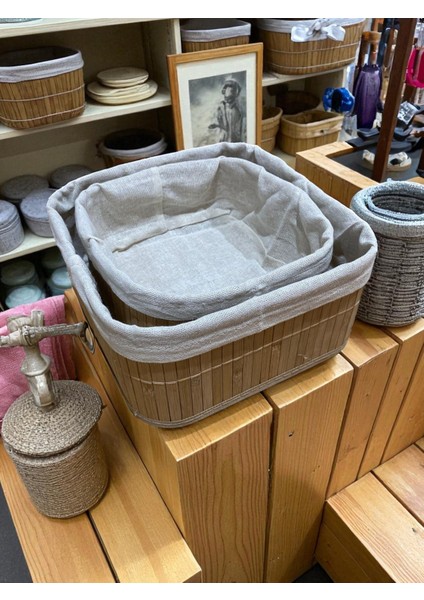 2’li Bambu Kumaş Kaplı Sepet Seti – Doğal Ahşap Görünümlü Düzenleme Sepeti, Dekoratif Şık