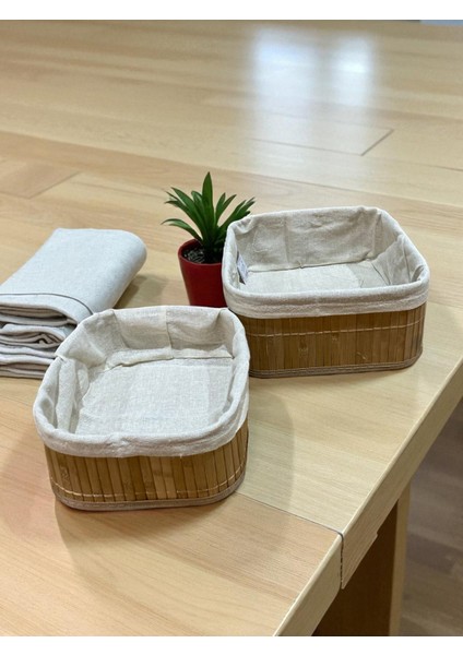 2’li Bambu Kumaş Kaplı Sepet Seti – Doğal Ahşap Görünümlü Düzenleme Sepeti, Dekoratif Şık