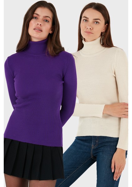 Fitilli Regular Fit Balıkçı Yaka Soft Akrilik 2'li Paket Kazak Bayan Kazak 4614102S2