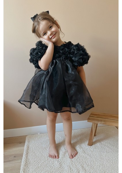 Siyah Gül Detaylı Tül Etekli Kız Çocuk Elbise - Nelia