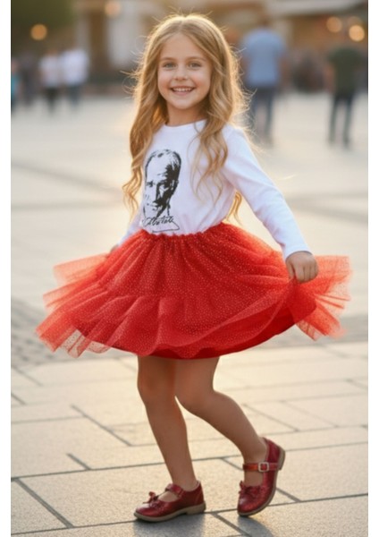 Kız Çocuk Kırmızı Tütü Etek Yaldızlı Astarlı ,23 Nisan 19 Mayıs 29 Ekim Eteği , Simli Kırmızı Etek fırsatları