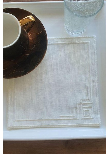Köşe Nakışlı Keten Kare Bardak Altlığı Seti 6 Lı Krem