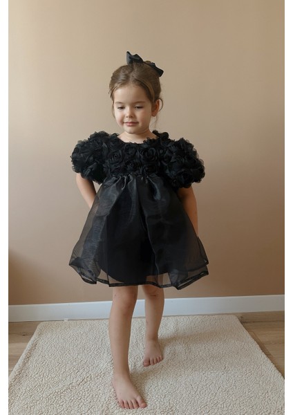 Siyah Gül Detaylı Tül Etekli Kız Çocuk Elbise - Nelia