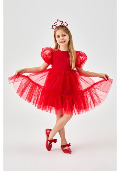 Kırmızı Eteği Fırfırlı Kemerli Kız Çocuk Tül Elbise - Casey