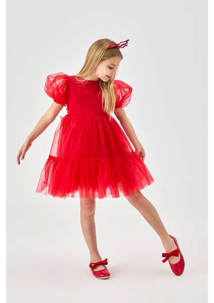 Kırmızı Eteği Fırfırlı Kemerli Kız Çocuk Tül Elbise - Casey