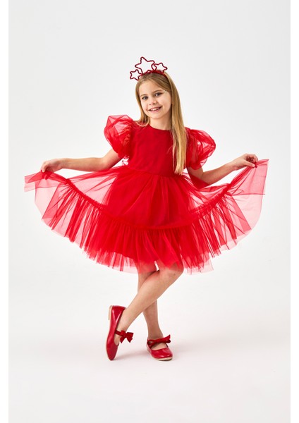 Kırmızı Eteği Fırfırlı Kemerli Kız Çocuk Tül Elbise - Casey