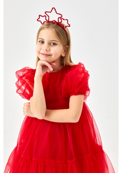 Kırmızı Eteği Fırfırlı Kemerli Kız Çocuk Tül Elbise - Casey