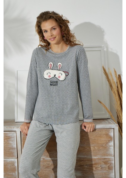 Kadın Gri Renk Pauntiyeli Uzun Kollu Baskılı Bisiklet Yaka Pijama Takımı C0T8N051