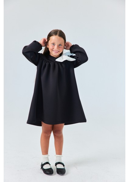 Siyah Omzu Fiyonk Detaylı Kız Çocuk Elbise - Leah